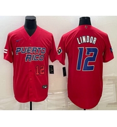 Mens Puerto Rico Baseball #12 Francisco Lindor Number 2023 Red World Baseball Classic Stitched Jersey