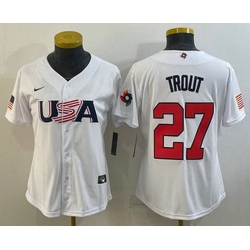 Women's USA Baseball #27 Mike Trout 2023 White World Classic Replica Stitched Jerseys