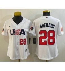 Womens USA Baseball 28 Nolan Arenado Number 2023 White World Classic Replica Stitched Jersey