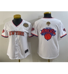 Youth New York Knicks Team Big Logo White 2026 Finals Eastern Conference Champions Patch Stitched Baseball Jersey Youth New York Knicks Team Big Logo White 2026 Finals Eastern Conference Champions Patch Stitched Baseball Jersey