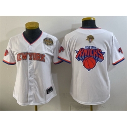 Youth New York Knicks Team Big Logo White 2026 Finals   Eastern Conference Champions Patch Stitched Baseball Jersey