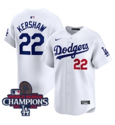 Men Nike Los Angeles Dodgers Clayton Kershaw #22 White Flex Base 2024 World Series Champions Stitched MLB Jersey