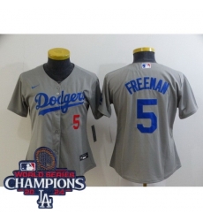 Women Nike Los Angeles Dodgers Freddie Freeman #5 Gray Flex Base 2024 World Series Champions Stitched MLB Jersey