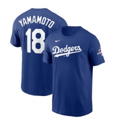 Men Los Angeles Dodgers 18 Yoshinobu Yamamoto Royal 2024 World Series Champions Name  26 Number T Shirt