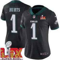 Women Philadelphia Eagles Jalen Hurts #1 Black 2024 2025 Super Bowl LIX F U S E Stitched NFL Jersey