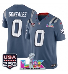 Men New England Patriots 0 Christian Gonzalez Storm Blue 2025 F U S E  Super Bowl LX  USA 250 Patch  Rivalries Vapor Limited Football Stitched Jersey