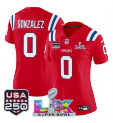 Women New England Patriots 0 Christian Gonzalez Red 2025 F U S E  Super Bowl LX Patch And USA 250 27 Patch Vapor Limited Football Stitched Jersey 