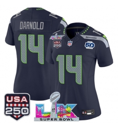 Women Seattle Seahawks 14 Sam Darnold Navy 2025 F U S E  Super Bowl LX Patch And 50th Season  26 USA 250 27 Patch Vapor Limited Football Stitched Jersey 