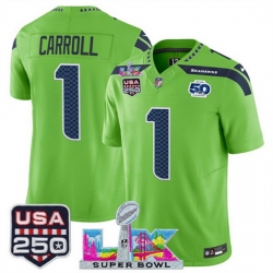 Men Seattle Seahawks 1 Pete Carroll Green 2025 F U S E  Super Bowl LX Patch And 50th Season  USA 250 Patch Vapor Limited Football Stitched Jersey