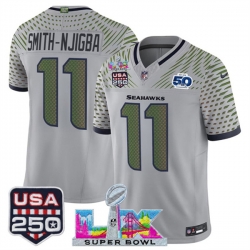 Men Seattle Seahawks 11 Jaxon Smith Njigba Gray 2025 F U S E Super Bowl LX  US 250th anniversary Patch And 50th Season Patch Rivalries Vapor Limited Footba