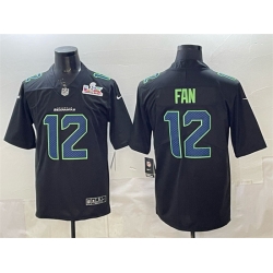 Men Seattle Seahawks 12 Fan Black 2025 Super Bowl LX Patch Carbon Fashion Vapor Untouchable Limited Stitched Football Jersey