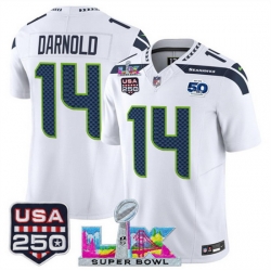 Men Seattle Seahawks 14 Sam Darnold White 2025 F U S E  Super Bowl LX Patch And 50th Season  USA 250 Patch Vapor Limited Football Stitched Jersey