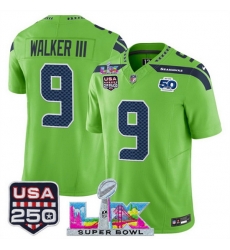 Men Seattle Seahawks 9 Kenneth Walker III Green 2025 F U S E  Super Bowl LX Patch And 50th Season  USA 250 Patch Vapor Limited Football Stitched Jersey
