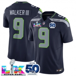 Men Seattle Seahawks 9 Kenneth Walker III Navy 2025 F U S E  Super Bowl LX Patch And 50th Season Patch Vapor Limited Stitched Football Jersey