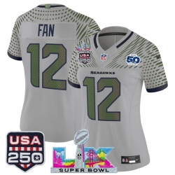 Women Seattle Seahawks 12 Fan Gray 2025 F U S E Super Bowl LX  US 250th anniversary Patch And 50th Season Patch Rivalries Vapor Limited Football Stitched J