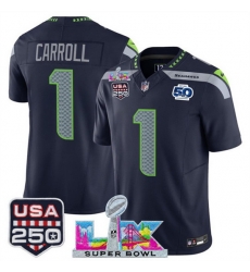 Youth Seattle Seahawks 1 Pete Carroll Navy 2025 F U S E  Super Bowl LX Patch And 50th Season  USA 250 Patch Vapor Limited Stitched Football Jersey