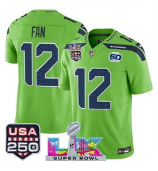 Youth Seattle Seahawks 12 Fan Green 2025 F U S E  Super Bowl LX Patch And 50th Season  USA 250 Patch Vapor Limited Stitched Football Jersey